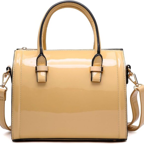 Shiny Patent Faux Leather Handbags Barrel Top Handle Purse Satchel Bag Shoulder